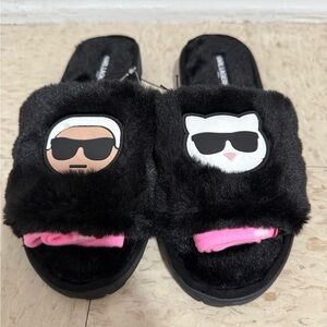 Karl Lagerfeld women’s Black Furry Slides with Cartoon Faces sz 10